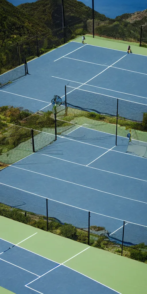 Image similar to Tennis court between mountains and sea. the style of National Geographic magazine