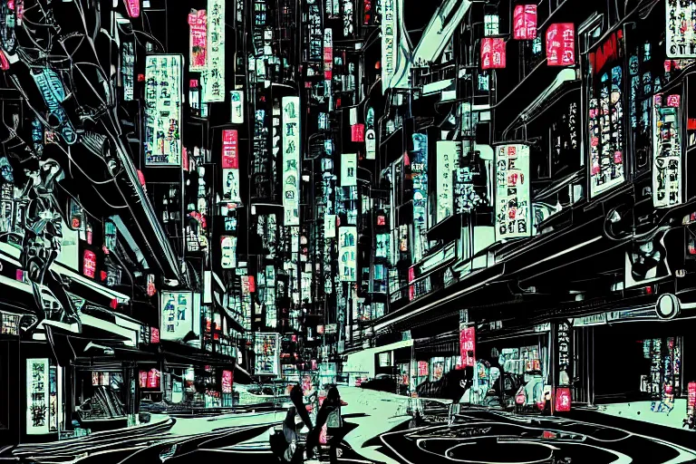 Image similar to futuristic japanese cyberpunk bladerunner silk screen by utagawa yoshiiku, ohara koson, pixiv contest winner, cyberpunk style, cyberpunk color scheme, mechanical, robotic, human machine interface, high resolution, hd, bold clear lines