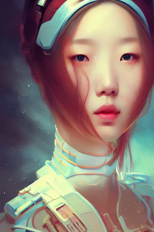 Prompt: portrait futuristic korean Airforce Girl, inside future fighter, ssci-fi, fantasy, intricate, very very beautiful, elegant, human anatomy, neon light, highly detailed, digital painting, artstation, concept art, smooth, sharp focus, illustration, art by tian zi and WLOP and alphonse mucha