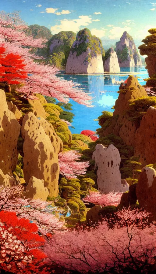 Image similar to ghibli illustrated background of a strikingly beautiful landform with strange rock formations and red water and cherry blossoms by vasily polenov, eugene von guerard, ivan shishkin, albert edelfelt, john singer sargent, albert bierstadt 4 k