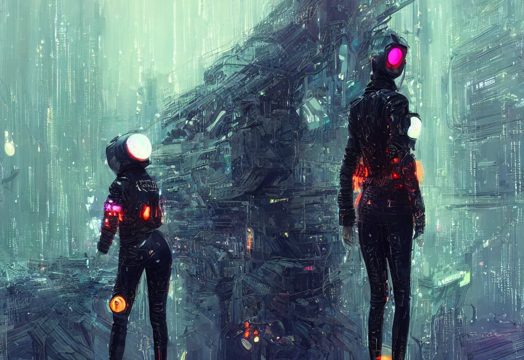 Image similar to skill magic deepdream guard girl cyberpunk futuristic, reflective puffer jacket, black leggings from the back radiating a glowing aura by ismail inceoglu dragan bibin hans thoma, perfect face, fine details, realistic shaded, fine - face, pretty face