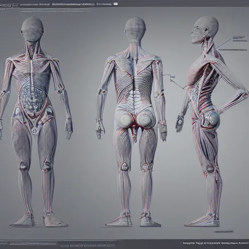 Prompt: a concept of a detailed and intricate design of a full body of human anatomy, 3 d design, great finesse organic hyper detailed, engineering blueprints, technical drawings, calculus, stained paper, hyperrealistic, ultra detailed, 4 k, octane render, unreal engine