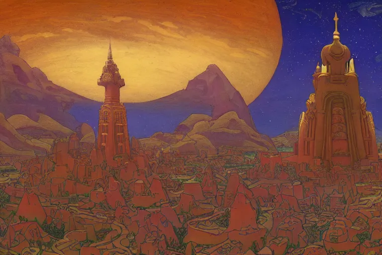 Image similar to the holy tower of the moon and stars and its surrounding gardens, dramatic cinematic lighting, ornate folk-art carved architecture, rich colors, by Nicholas Roerich and William Dyce and ford madox brown and April Gornik and Caspar David Friedrich and Diego Rivera and Tyler Edlin and Ivan Bilibin, featured on artstation