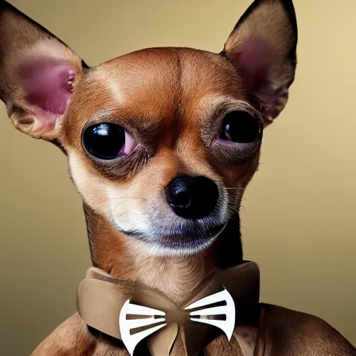 Image similar to professional portrait photo of a humanoid, with robotic parts on his face, honey color chihuahua dog, digital - art woman with a suit super hero