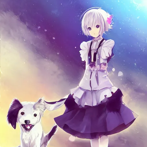 Image similar to advanced full body digital anime art::cute anime female girl + dog hybrid, short white hair, purple watery eyes, dog paws for arms and legs and a big dog tail , full round face :: cinematic lighting, rim lighting, very highly intricately detailed, trending on pixiv :: WLOP, RossDraws, RuanJia, James Jean, Andrei Riabovitchev, Totorrl, Marc Simonetti, Visual Key, and Sakimichan