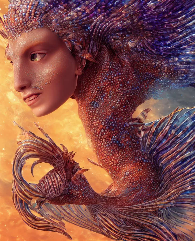 Image similar to close-up macro portrait of the face of a beautiful mermaid, epic angle and pose, symmetrical artwork, 3d with depth of field, blurred background, cybernetic lionfish female face skull phoenix bird, translucent, nautilus, energy flows of water and fire. a highly detailed epic cinematic concept art CG render. made in Maya, Blender and Photoshop, octane render, excellent composition, cinematic dystopian brutalist atmosphere, dynamic dramatic cinematic lighting, aesthetic, very inspirational, arthouse. y Greg Rutkowski, Ilya Kuvshinov, WLOP, Stanley Artgerm Lau, Ruan Jia and Fenghua Zhong
