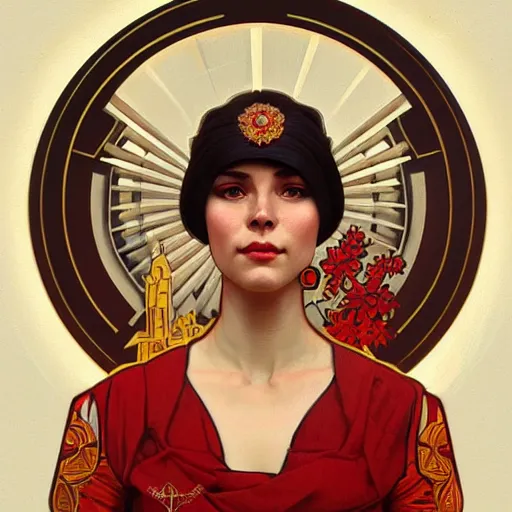 Image similar to a portrait of a female hero of the soviet union, full portrait, decorated with soviet motifs, intricate, elegant, highly detailed, symmetry, headpiece, digital painting, artstation concept art smooth sharp focus, illustration, art by artgerm and greg rutkowski alphonse mucha 8 k