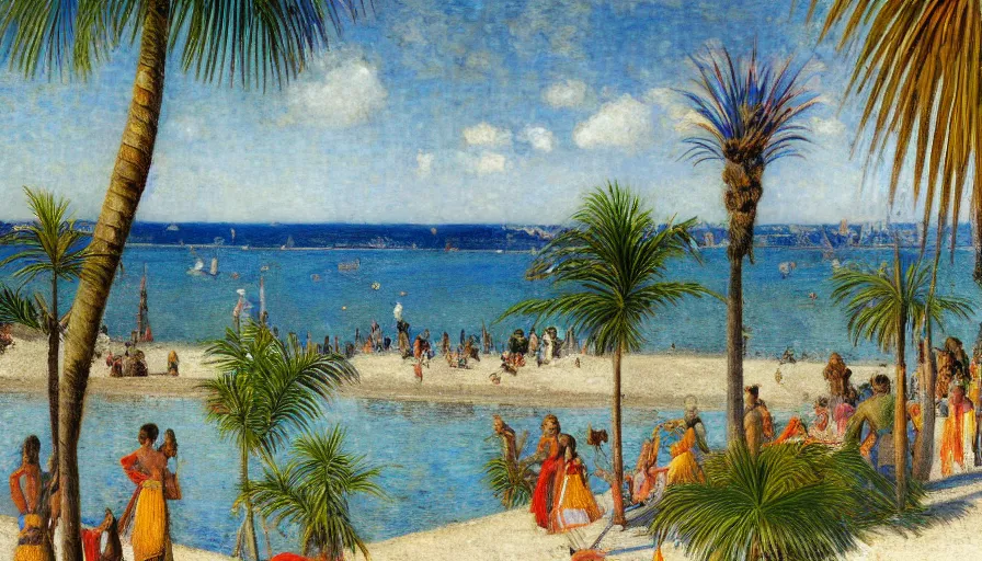 Image similar to a ultradetailed beautiful painting of the amazonas palace balustrade designed by jules bastien - lepage, tarsila do amaral, frank weston and gustave baumann, beach, trending on artstation, mediterranean, palm trees, sharp focus, colorful refracted sparkles and lines, soft light, 8 k 4 k