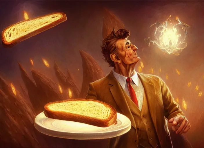 Image similar to a single giant magical piece of toast with a stern facial expression wearing a business suit and floating in the air, a crowd of breadloaves bowing down below, by marco bucci and frank frazetta, magic : the gathering fantasy concept art, high resolution, fantasy coloring, intricate, digital painting, artstation, smooth, sharp focus