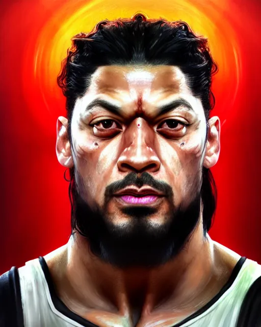 Image similar to face portrait of roman reigns as a muscular stephen curry, wearing a haori, by wlop and peter mohrbacher, dramatic action pose, extremely detailed shading, concept art, digital painting, trending on artstation, unreal engine 5, octane render, atmosphere, glow, cinematic lighting, full of color