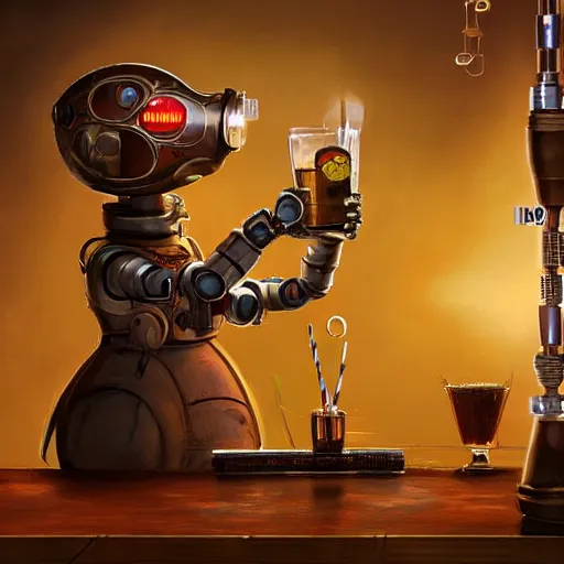 Image similar to a steampunk cyberpunk robot is at the bar and orders a drink from a bartender TY beanie baby puppy (fluffy), cgsociety, old master.