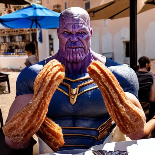 Image similar to thanos from marvel mcu eating a churros at a bar in tharros ( sardinia )