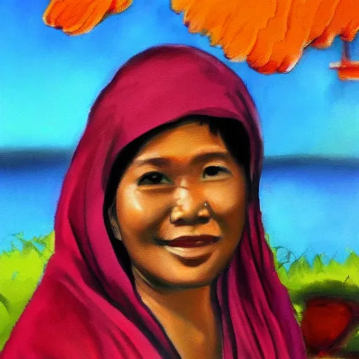 Prompt: Indonesia woman painted by Bob Ross