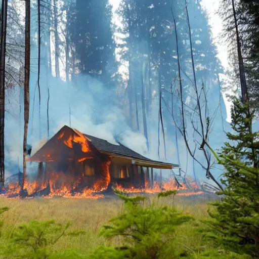 Image similar to a beautiful photo of a small hotel engulfed in a forest fire