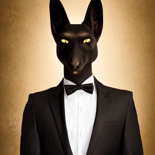 Image similar to portrait of Anubis wearing an elegant suit with a shiny gold necklace, looking at the camera, black background, studio light