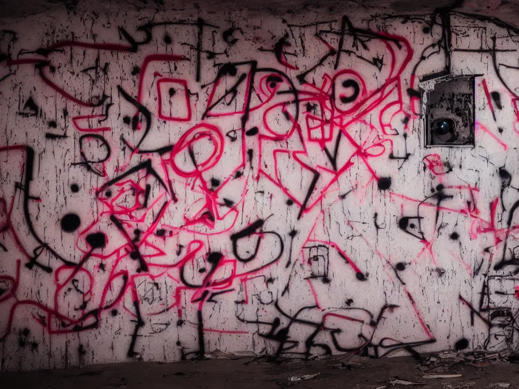 Prompt: graffiti in an abandoned bunker, cute fumo plush gothic black enigmatic maiden girl painted in spilt red ink and washed watercolor, glowing ancient glyphs and summoning circle, neon light, avant garde pop art, filmic, bokeh, captured on canon eos r 6