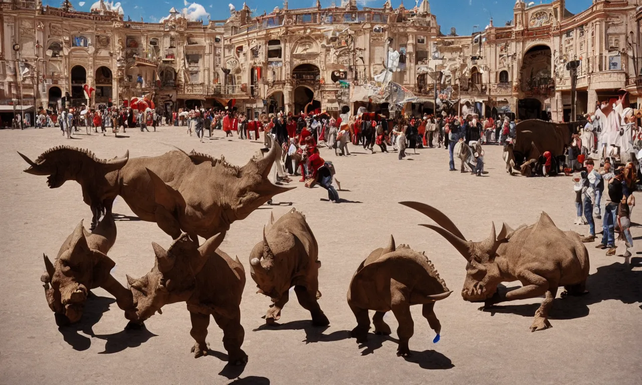 Image similar to a troubadour and a triceratops facing off in the plaza de toros, madrid. extreme long shot, midday sun, kodachrome