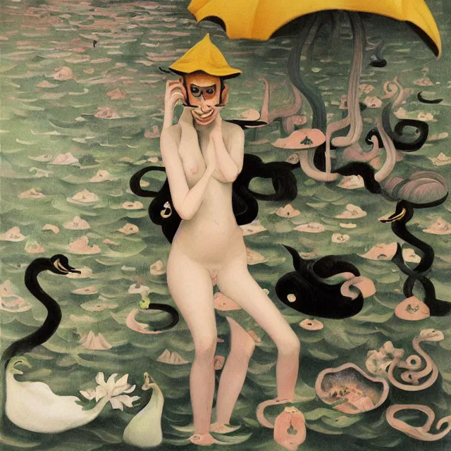 Prompt: tall female catgirl artist wearing a pig mask in her flooded apartment, mushrooms, octopus, water gushing from ceiling, painting of flood waters inside an artist's apartment, a river flooding indoors, pomegranates, ikebana, zen, rapids, waterfall, black swans, canoe, berries, acrylic on canvas, surrealist, by magritte and monet