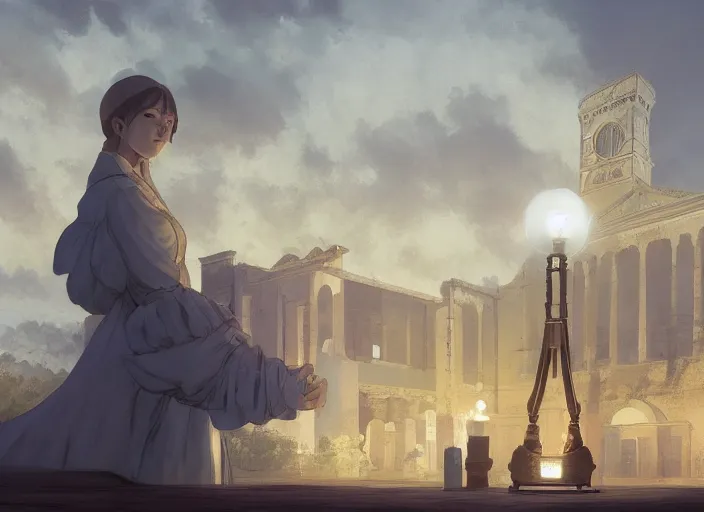 Image similar to 1 8 5 4 crimea, florence nightingale holding lamp, army hospital in scutari at night, wounded patients in beds on both sides of hospital ward, finely detailed perfect art, painted by greg rutkowski makoto shinkai takashi takeuchi studio ghibli