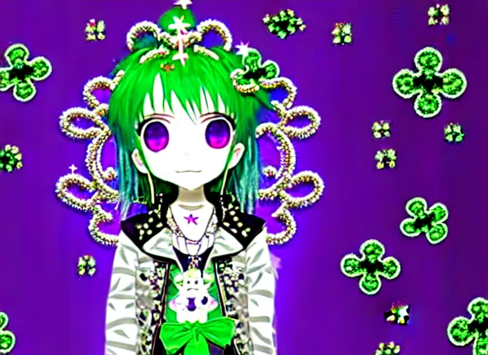 Image similar to baroque bedazzled gothic royalty frames surrounding a hologram of decora styled green haired yotsuba koiwai wearing a gothic spiked jacket, background full of lucky clovers, crosses, and shinning stars, holography, irridescent