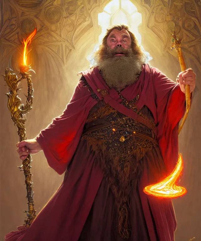 Prompt: brian blessed as a fantasy dwarf wizard, casting a fireball spell, with a staff and billowing cloak, portrait, fantasy, intricate, elegant, highly detailed, digital painting, artstation, concept art, smooth, sharp focus, illustration, art by artgerm and greg rutkowski and alphonse mucha