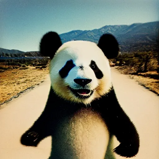 Image similar to grainy head to shoulder portrait polaroid film photograph of a panda skateboarding in california. super resolution. surreal. extremely detailed. polaroid 6 0 0 film. by annie leibovitz and richard avedon