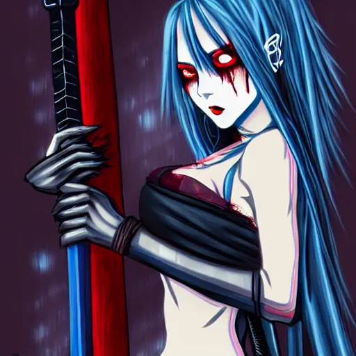 Image similar to seductive female vampire holding a bloodied katana, in the rain, highly detailed, painting, dark red and azure blue and black color palette, intricate, high quality anime artstyle, in the style of sana takeda