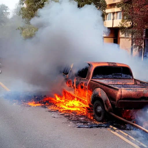 Prompt: photograph of a rusty dodge ram on fire in the street