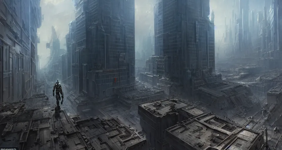 Image similar to hyper realistic sci - fi matte concept art painting of mecha standing on top of a building overlooking war in the streets, beautiful details, strong composition painted by kim jung guweta studio rutkowski, james gurney and greg rutkowski, and lucasfilm, smooth, intricate, detailed, sharp focus, cinematic