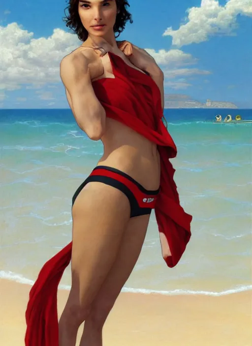 Image similar to portrait gal gadot as sea lifeguard on the beach, full length shot, shining, 8k highly detailed, sharp focus, illustration, art by artgerm, mucha, bouguereau