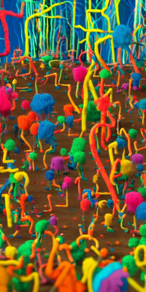 Prompt: group of giant rainbow-colored people dancing in a forest made out of fluffy pipecleaners in the style of Jean-Michel Basquiat, 3D cinematic lighting, spotlight at a 90 DEGREE ANGLE, photorealism, octane render, depth of field, 8k, 35mm, artgem, Trending on artstation