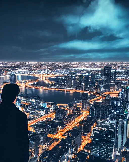 Prompt: an unreal engine photorealistic render of a night rooftop scene, neon lights in the city below, close up shot of a photorealistic gangster wearing a trench coat looking at the city below, global illumination