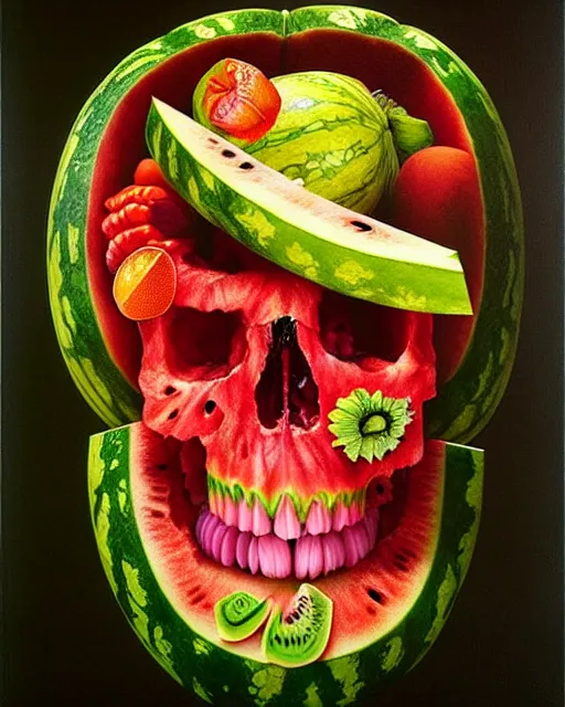 Prompt: interdimensional human watermelon skull being made out of fruits, ethereal still life renaissance painting by giuseppe arcimboldo and alex grey