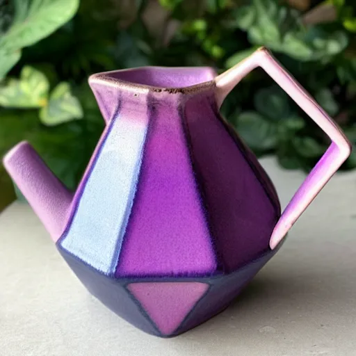 Image similar to geodesic triangle ceramic pitcher with pink and purple iridescent glaze