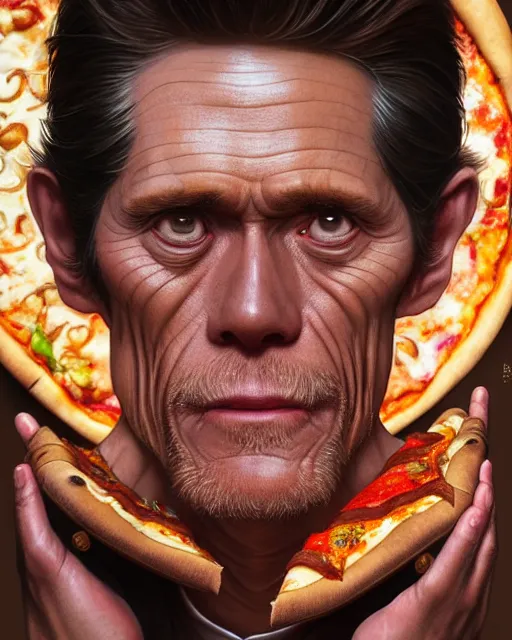 Image similar to portrait of willem dafoe looking at pizza, upper half portrait, decorated with chinese opera motifs, asian, bian lian, traditional chinese art, intricate, elegant, highly detailed, symmetry, digital painting, artstation, concept art, smooth, sharp focus, illustration, art by artgerm and greg rutkowski and alphonse mucha, 8 k