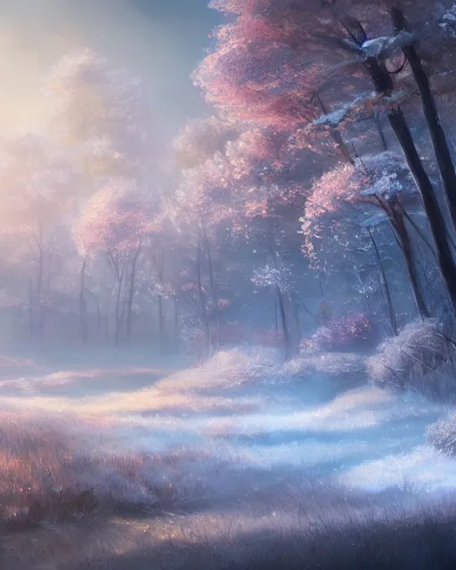 Image similar to spring, summer, fall and winter in a day, landscape, dreamy, cinematic lighting, highly detailed, digital painting, trending on artstation, pixiv, concept art, sharp focus, illustration