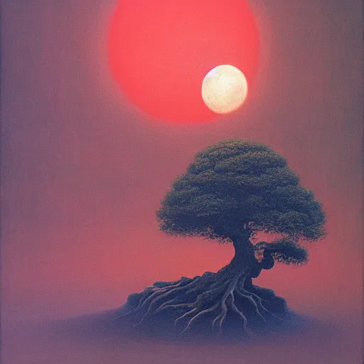 Image similar to a giant bonsai tree with a glowing red full moon paintet by beksinski, oil painting, moody, volumetric light