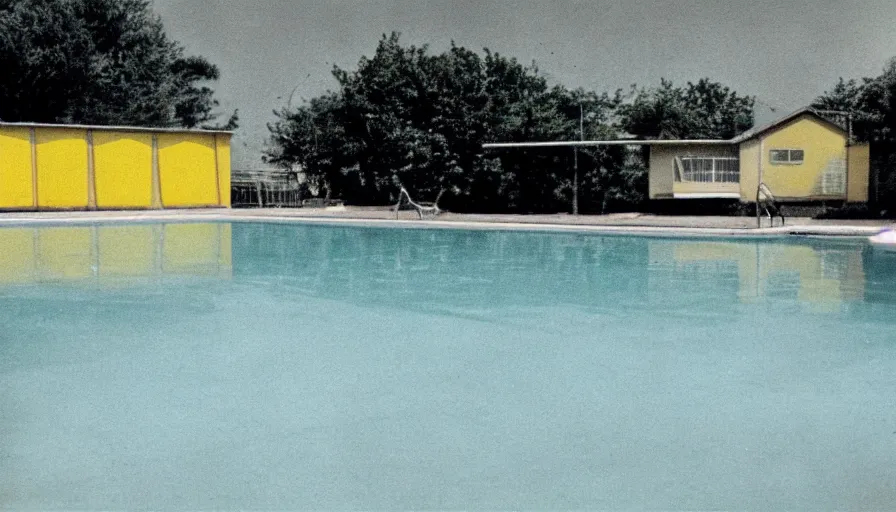 Image similar to 1 9 6 0 s movie still of empty light yellow tiles swimmingpool, low quality, liminal space style