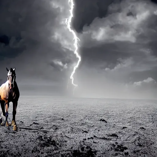 Image similar to hyper realistic picture of the horse rider of the apocalypse decending the sky on the verge of human extintion, deep shadows, high contrast, ash atmospher, nuclear winter