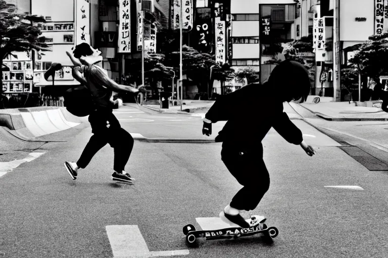 Image similar to conan is running towards freedom by skateboarding on the streets of beikacho, tokyo, japan, by aoyama gangchang.