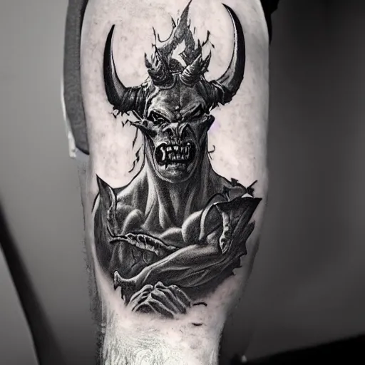 Image similar to three quarter full body shot of demon with hoofs and horns in heroic pose, engulfed in flames, greyscale tattoo by dominik mayer