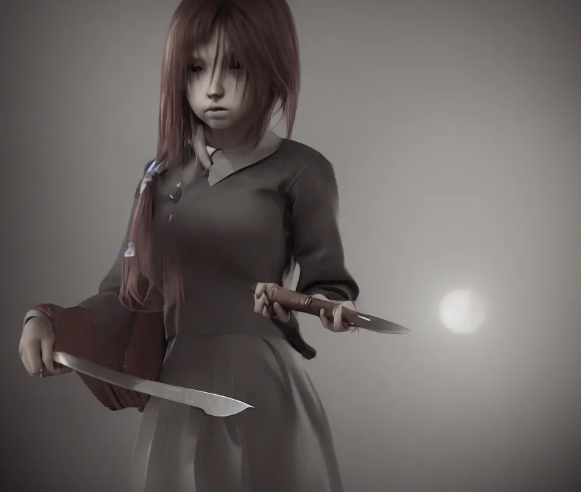 Image similar to school girl holding a knife, gloomy and foggy atmosphere, octane render, artstation trending, horror scene, highly detailded