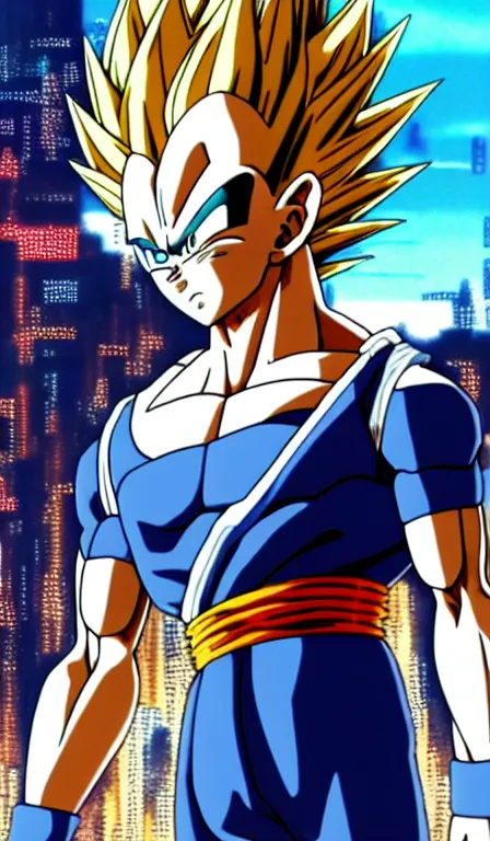 Image similar to anime fine details portrait of Vegeta in front of cyberpunk moder city landscape on the background deep bokeh, close-up view, anime masterpiece by Studio Ghibli. 8k, sharp high quality anime, artstation