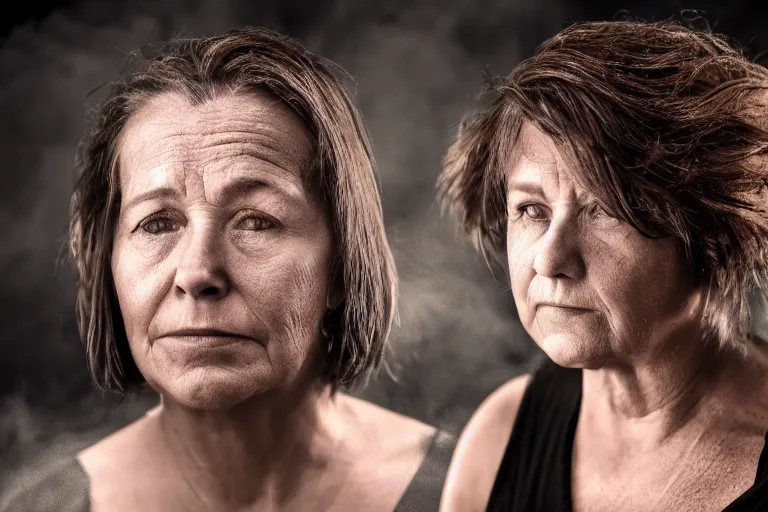 Image similar to a cinematic headshot portrait of a middle aged woman stood in a fire filled field, ultra realistic, depth, beautiful lighting