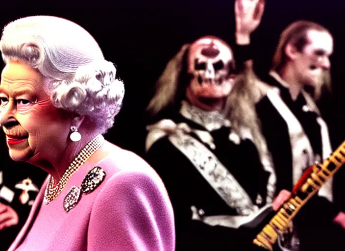 Image similar to publicity photo still of queen elizabeth in a death metal band playing live on stage, 8 k, live concert lighting, mid shot