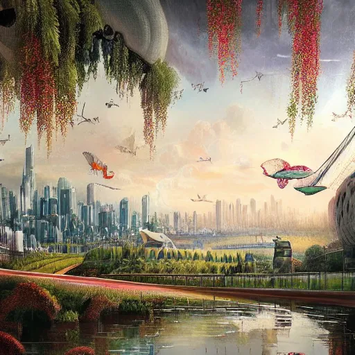 Image similar to Unbelievable city of the future in harmony with nature. Beautiful detailed painting by Lurid. (2022)