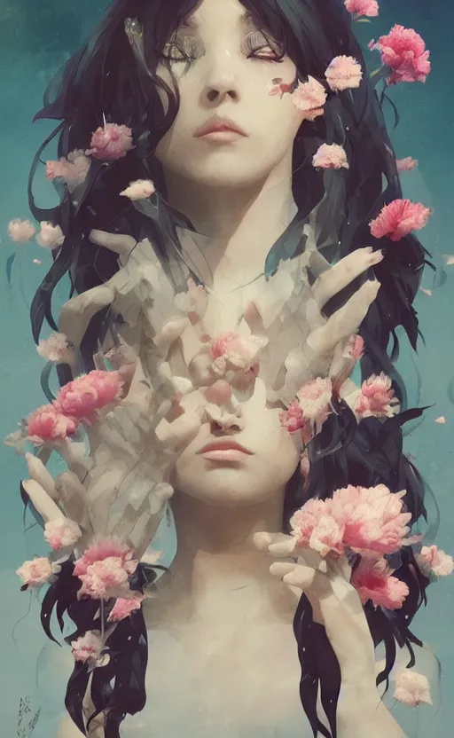 Prompt: bestselling movie poster, official media,a cinematic beautiful closeup moment of saying goodbye with peonies, simple form, brutal shapes, shaman, pixiv, 1970s fashion, official anime media, cinematic lighting, artwork by doja cat, charlie bowater, waterhouse, ,greg rutkowski, wong kar wai