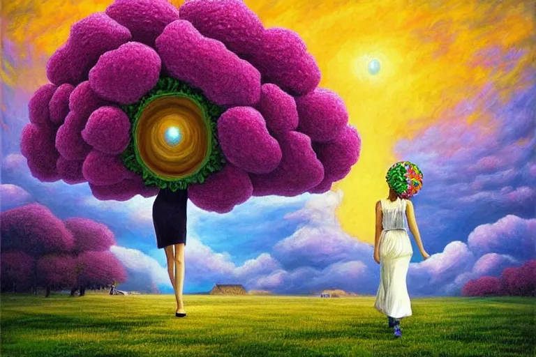 Image similar to giant flower head, woman walking, surreal, clouds in sky, impressionist painting, digital painting, artstation, rob gonsalves