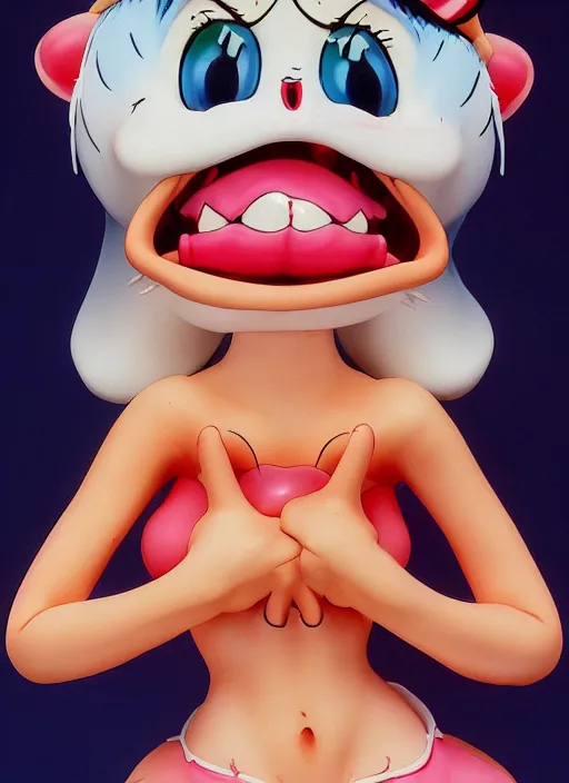 Image similar to a lowbrow airbrush painting of a moe anime girl figurine caricature with a big toothy grin featured on Ren and Stimpy by Norman Rockwell