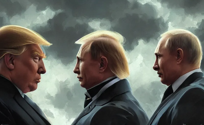 Image similar to Donald Trump vs Vladimir Putin, face to face staring, civil war style, highly detailed, digital painting, artstation, concept art, smooth, sharp focus, illustration, cinematic lighting, art by artgerm and greg rutkowski and alphonse mucha